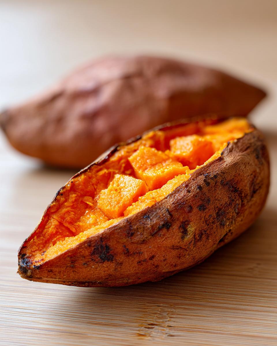 Close-up of a perfectly baked sweet potato, split open to show fluffy, cubed orange flesh inside.