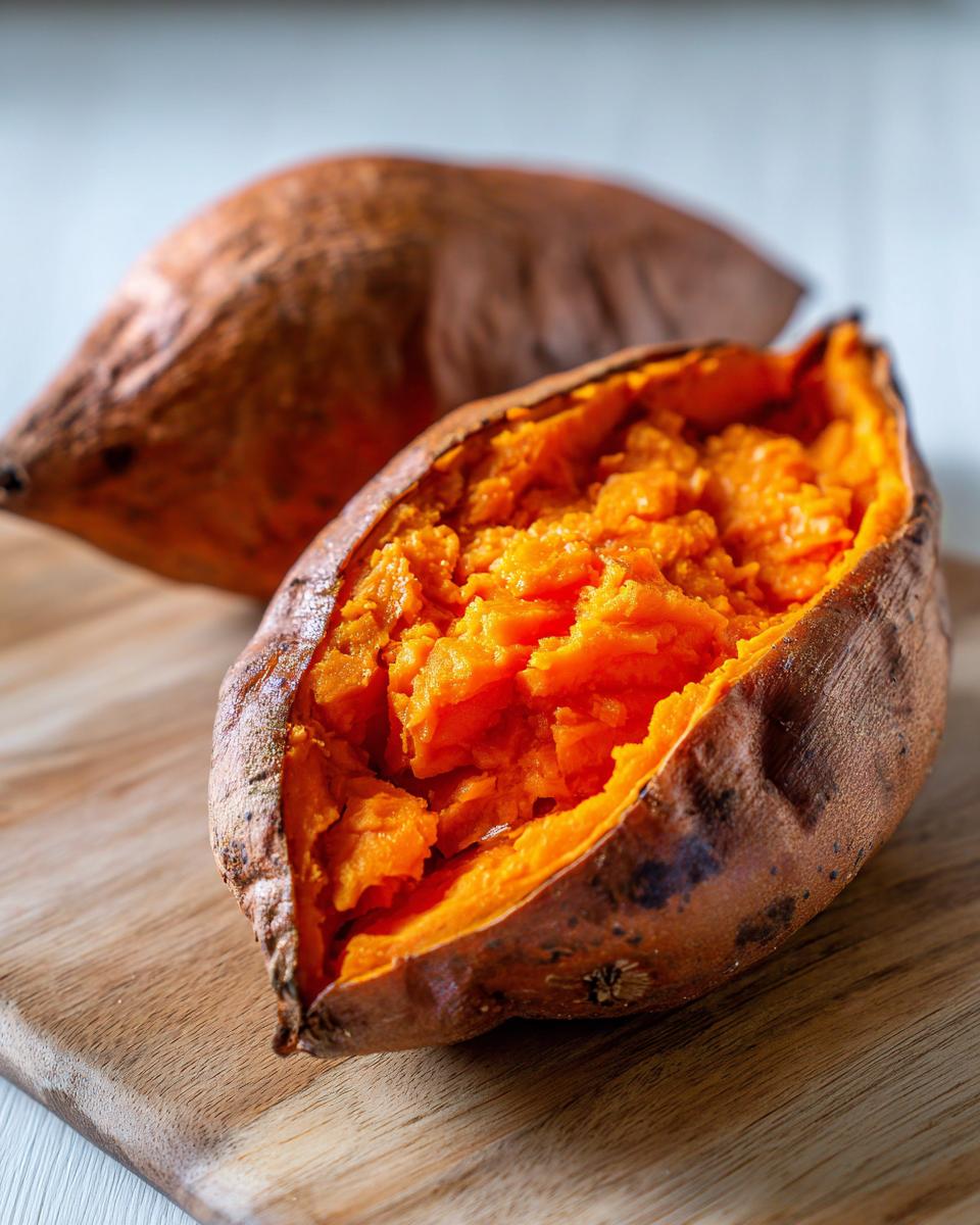 A close-up of a perfectly baked sweet potato split open, revealing fluffy, bright orange flesh.