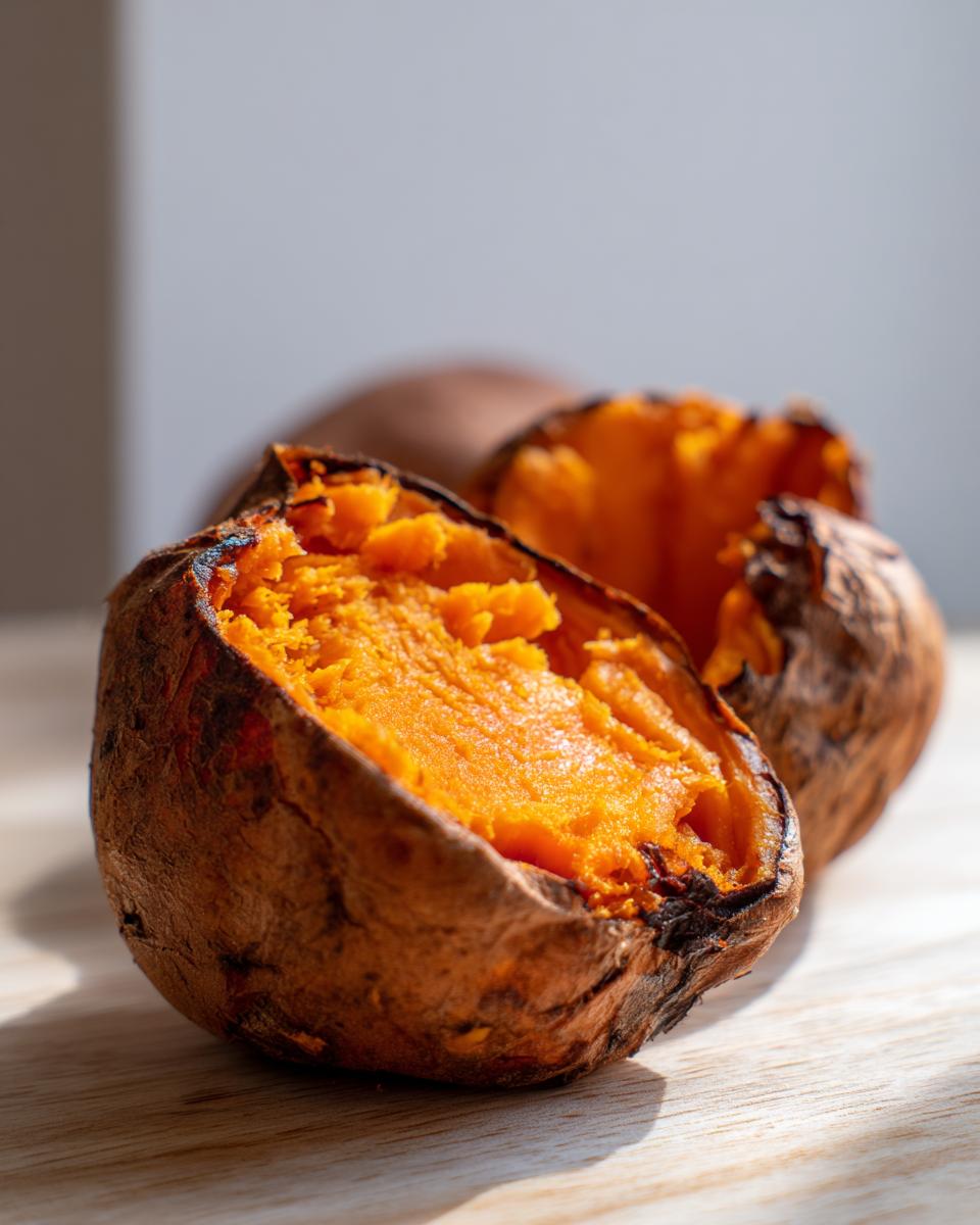 Close-up of a fluffy baked sweet potato split open, revealing bright orange, soft flesh.