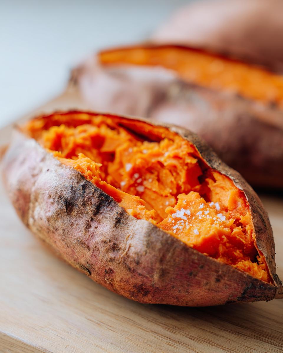 Close-up of a fluffy baked sweet potato split open, showing bright orange flesh sprinkled with coarse sea salt.
