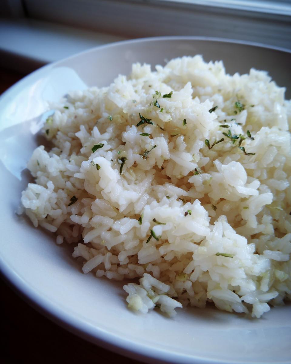 Close-up of fluffy white butter rice garnished with specks of green herbs in a light-colored bowl.