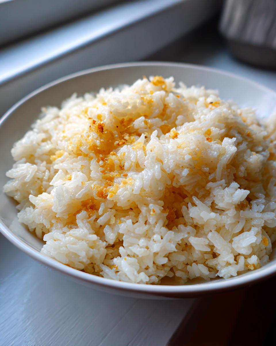 Close-up of a white bowl filled with fluffy white rice topped with melted butter and golden brown bits, perfect butter rice.