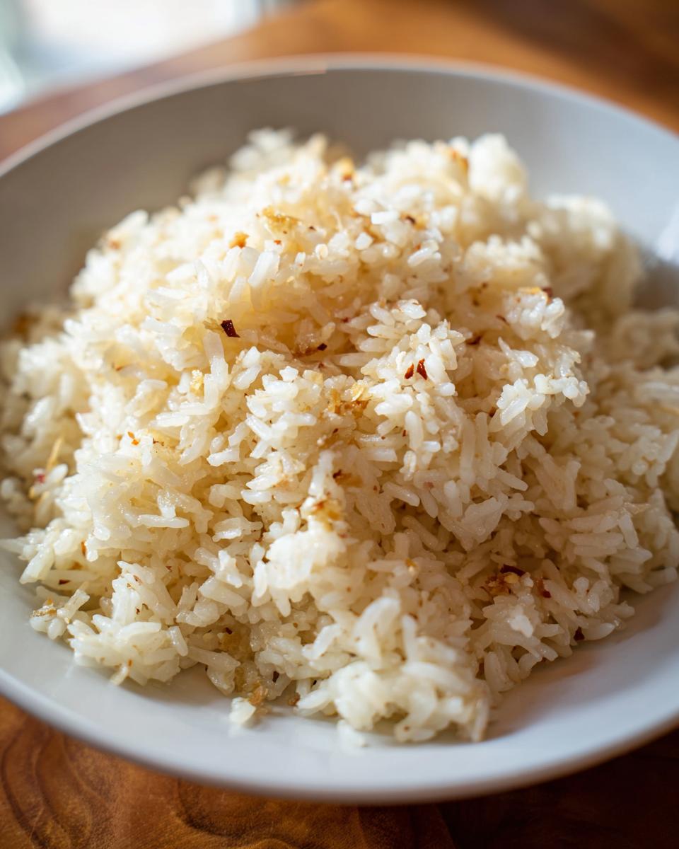 Close-up of a white bowl filled with fluffy, glistening butter rice, lightly browned with toasted bits.
