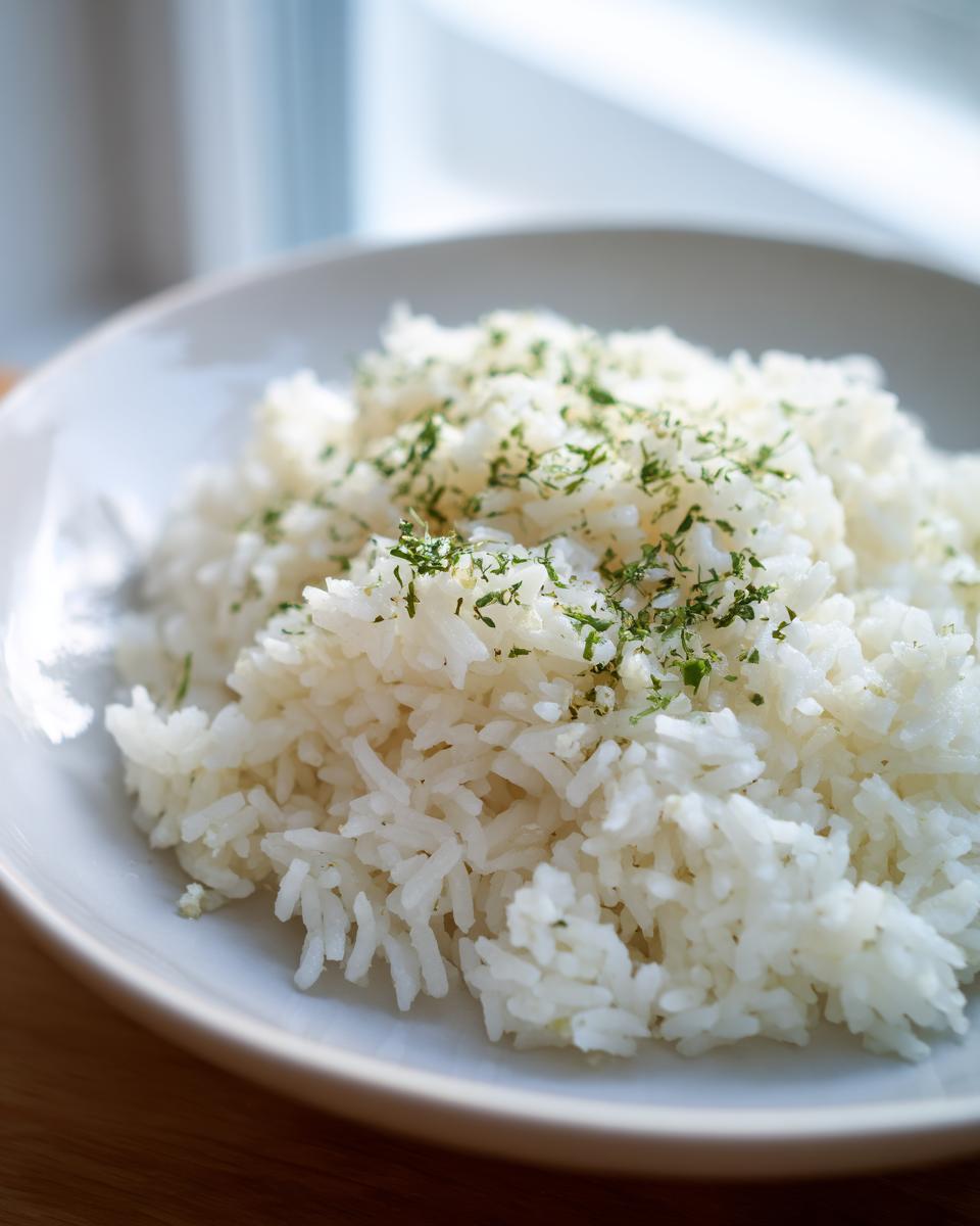 Close-up of fluffy white butter rice topped with finely chopped green herbs, served in a white bowl.