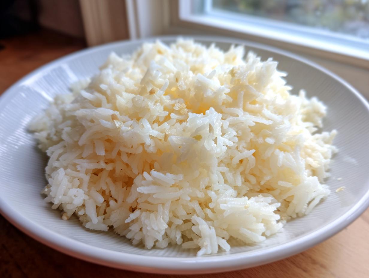 A close-up of fluffy white butter rice served in a shallow, light-colored bowl near a window.