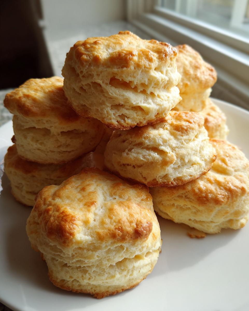 A stack of golden-brown, fluffy buttermilk biscuits piled high on a white plate near a window.