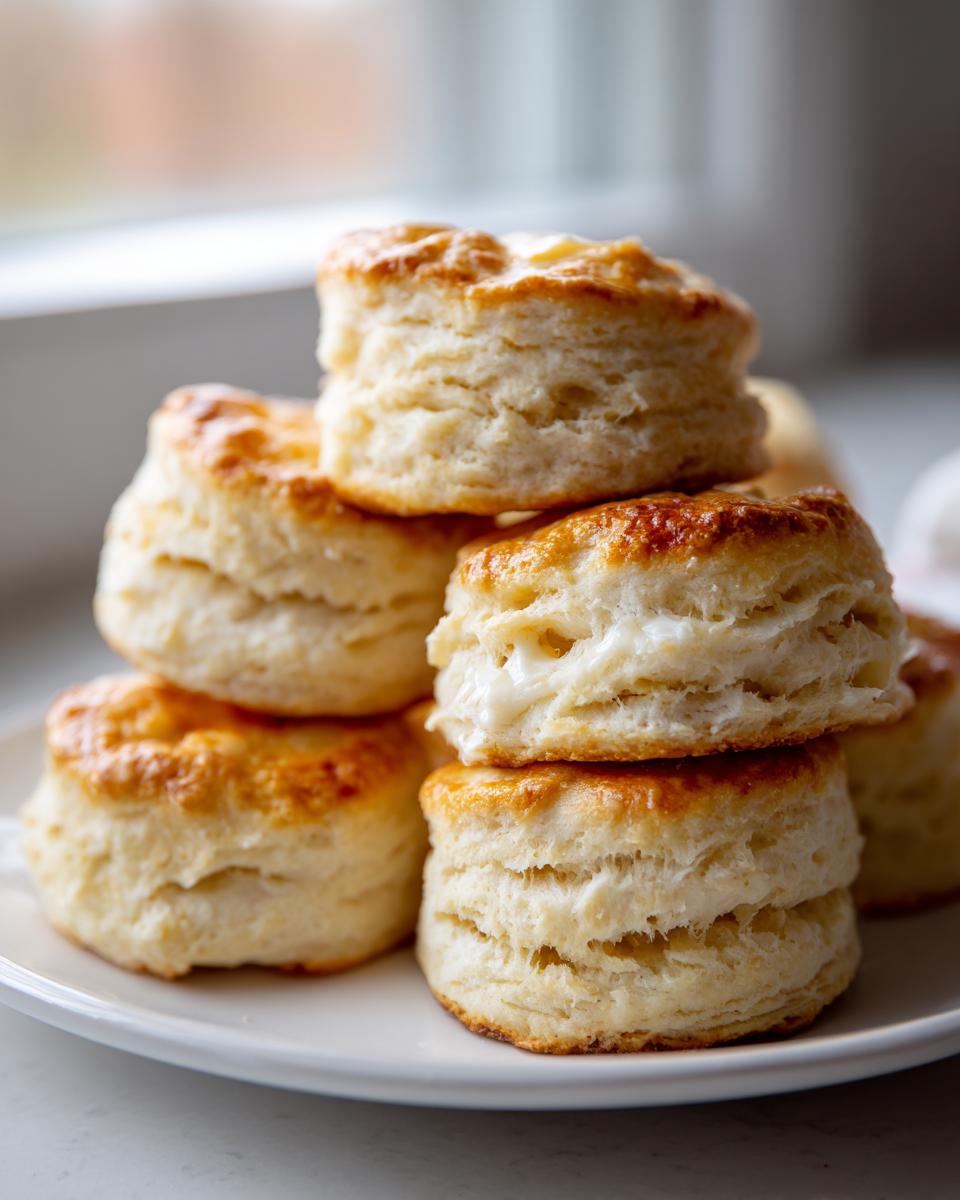 A stack of freshly baked, tall buttermilk biscuits with golden tops resting on a white plate.