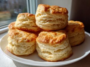 A stack of freshly baked, golden-brown buttermilk biscuits piled on a white plate near a window.