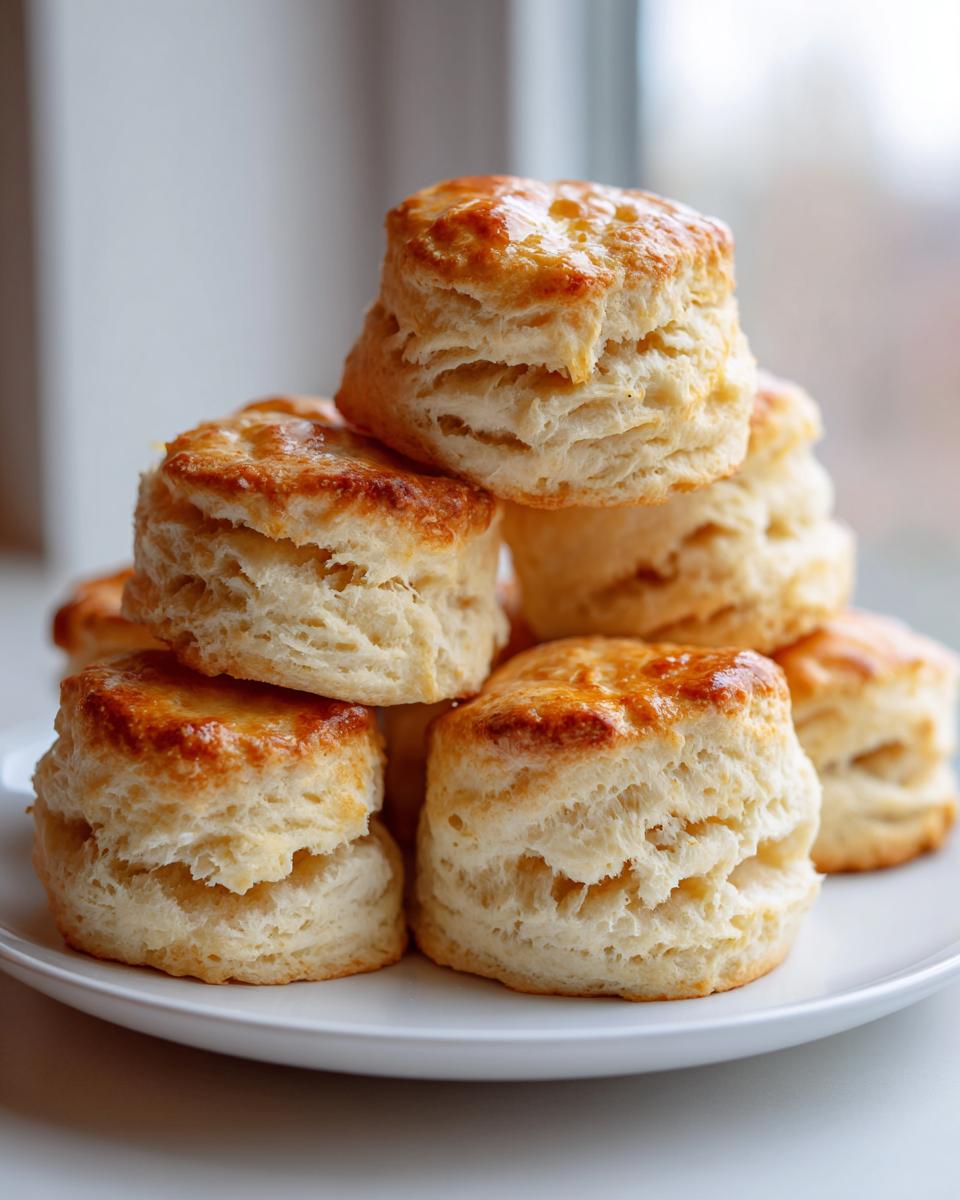 A stack of golden-brown, flaky buttermilk biscuits piled high on a white plate.