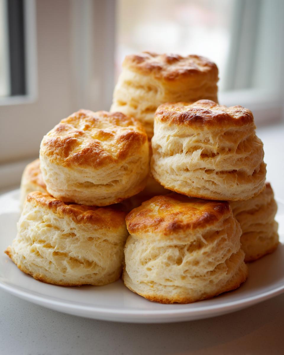 A stack of freshly baked, tall, and flaky buttermilk biscuits piled on a white plate.