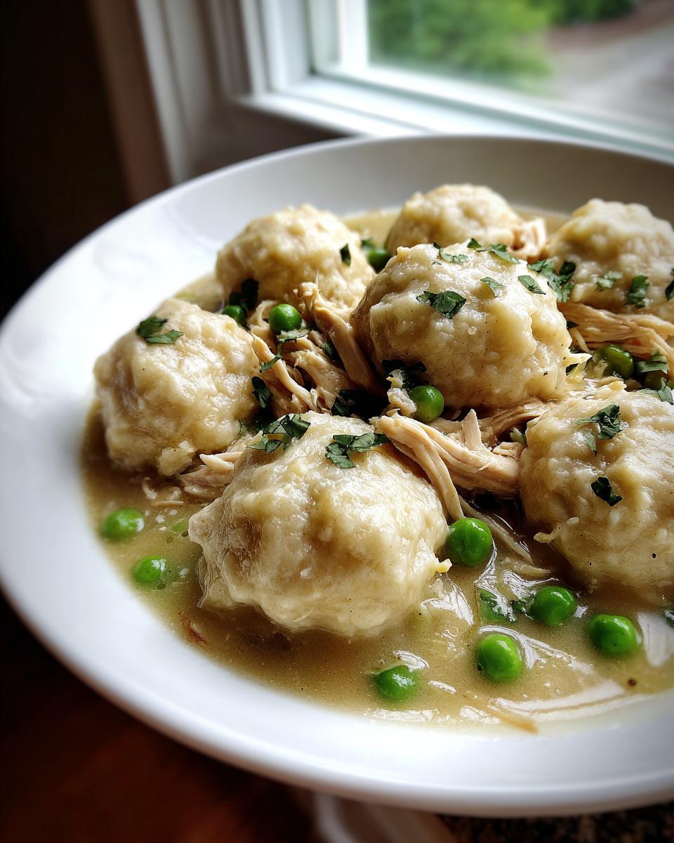 Close-up of a bowl of fluffy chicken and dumplings, featuring large dumplings, shredded chicken, peas, and herbs.