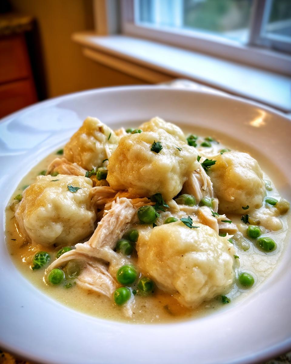 A close-up of fluffy dumplings, shredded chicken, and green peas in a creamy sauce, ready to eat chicken and dumplings.