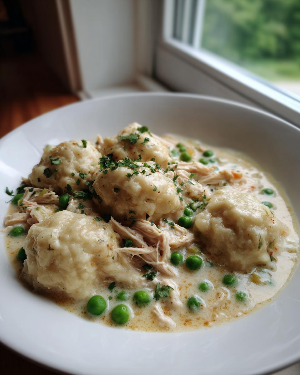 A close-up of fluffy dumplings served over shredded chicken and peas in a creamy sauce, classic chicken and dumplings.
