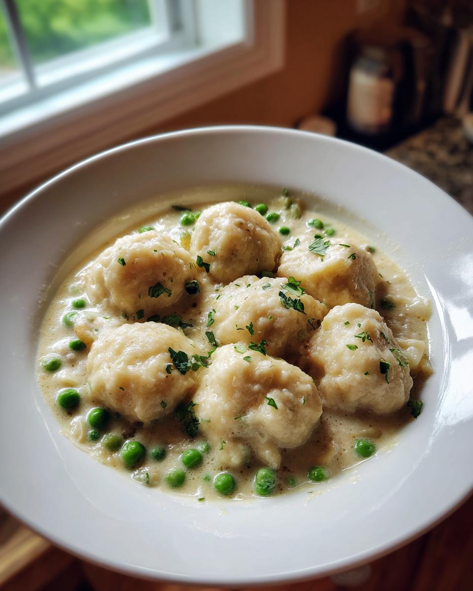 Close-up of fluffy chicken and dumplings served in a creamy sauce with bright green peas, garnished with parsley.