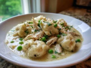 Close-up of fluffy chicken and dumplings served in a creamy sauce with green peas and fresh parsley garnish.
