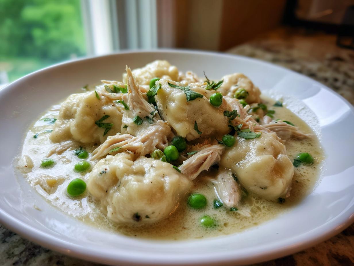 Close-up of fluffy chicken and dumplings served in a creamy sauce with green peas and fresh parsley garnish.
