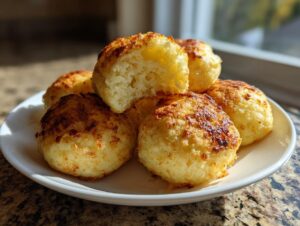 A stack of fluffy potato dumplings, pan-fried to a golden brown, one is broken open showing the soft interior.