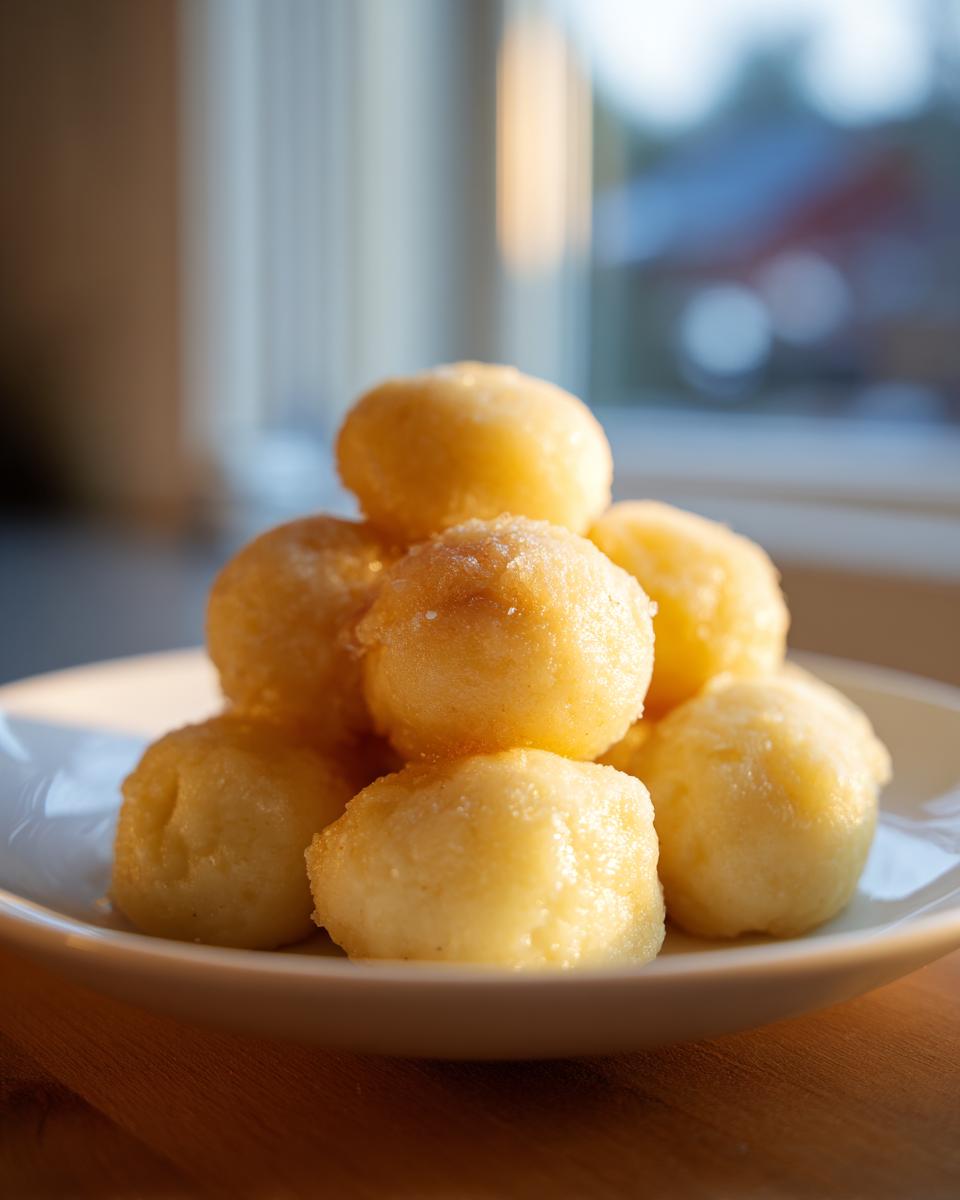 A stack of golden, fluffy potato dumplings lightly coated in sugar or butter, served on a white plate.