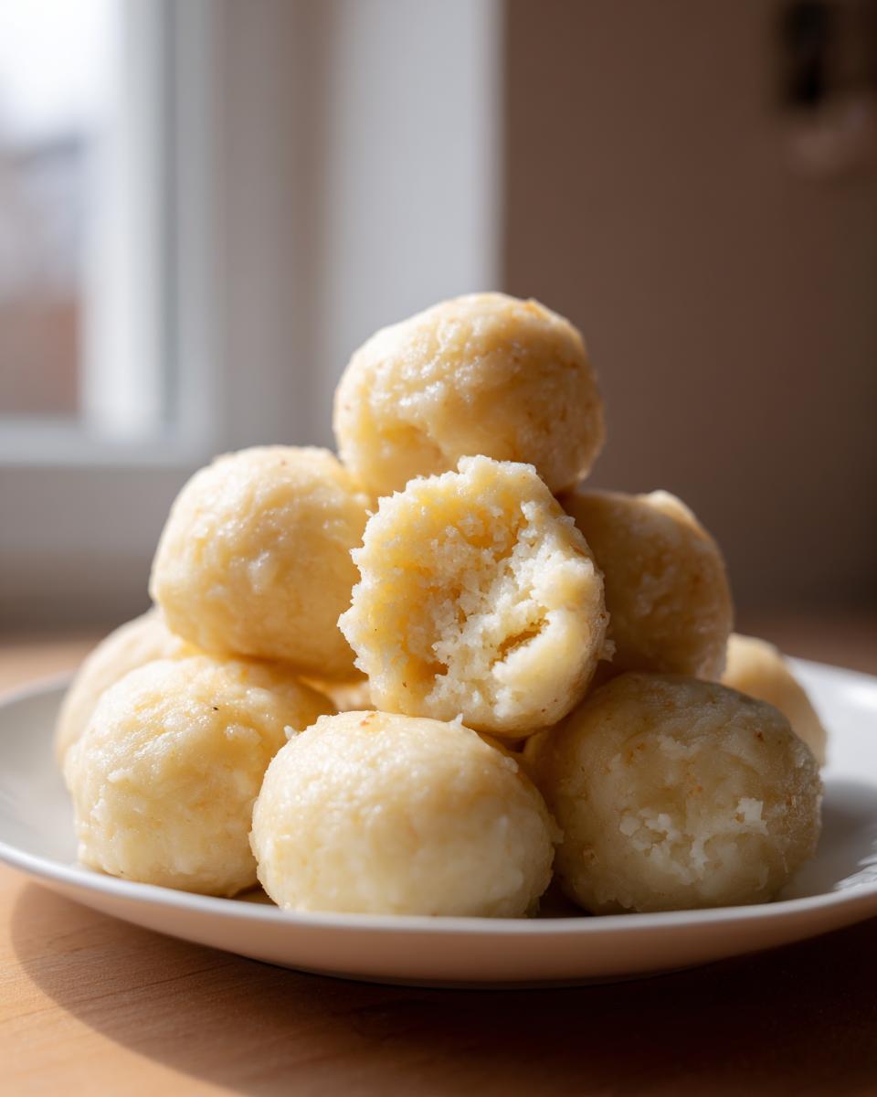 A stack of fluffy potato dumplings on a white plate, with one dumpling broken open to show the texture.