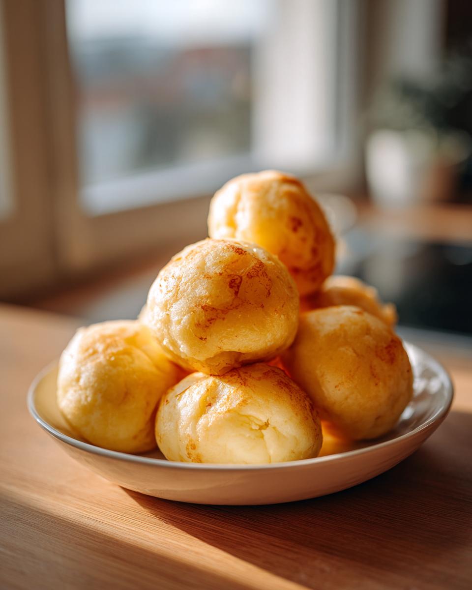 A stack of freshly made, golden-brown potato dumplings resting on a light-colored plate.