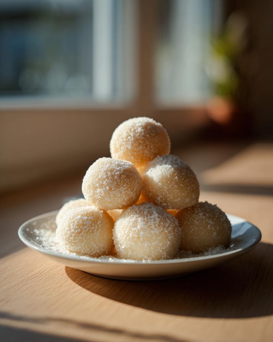 A stack of fluffy potato dumplings, lightly dusted with white coating, sitting on a small white plate.