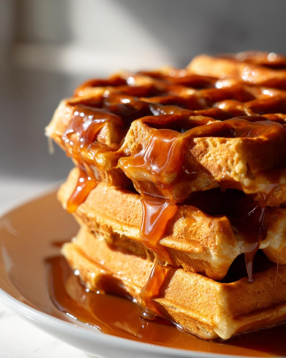 Close-up of a stack of golden pumpkin waffles generously drizzled with rich caramel sauce.