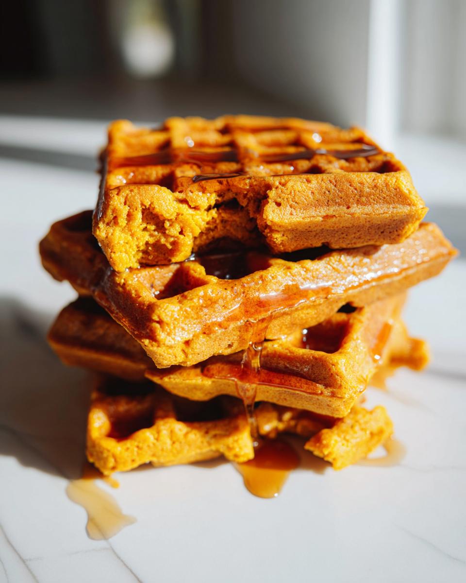 A tall stack of fluffy, orange-hued pumpkin waffles drizzled generously with maple syrup, sitting on a white marble surface.