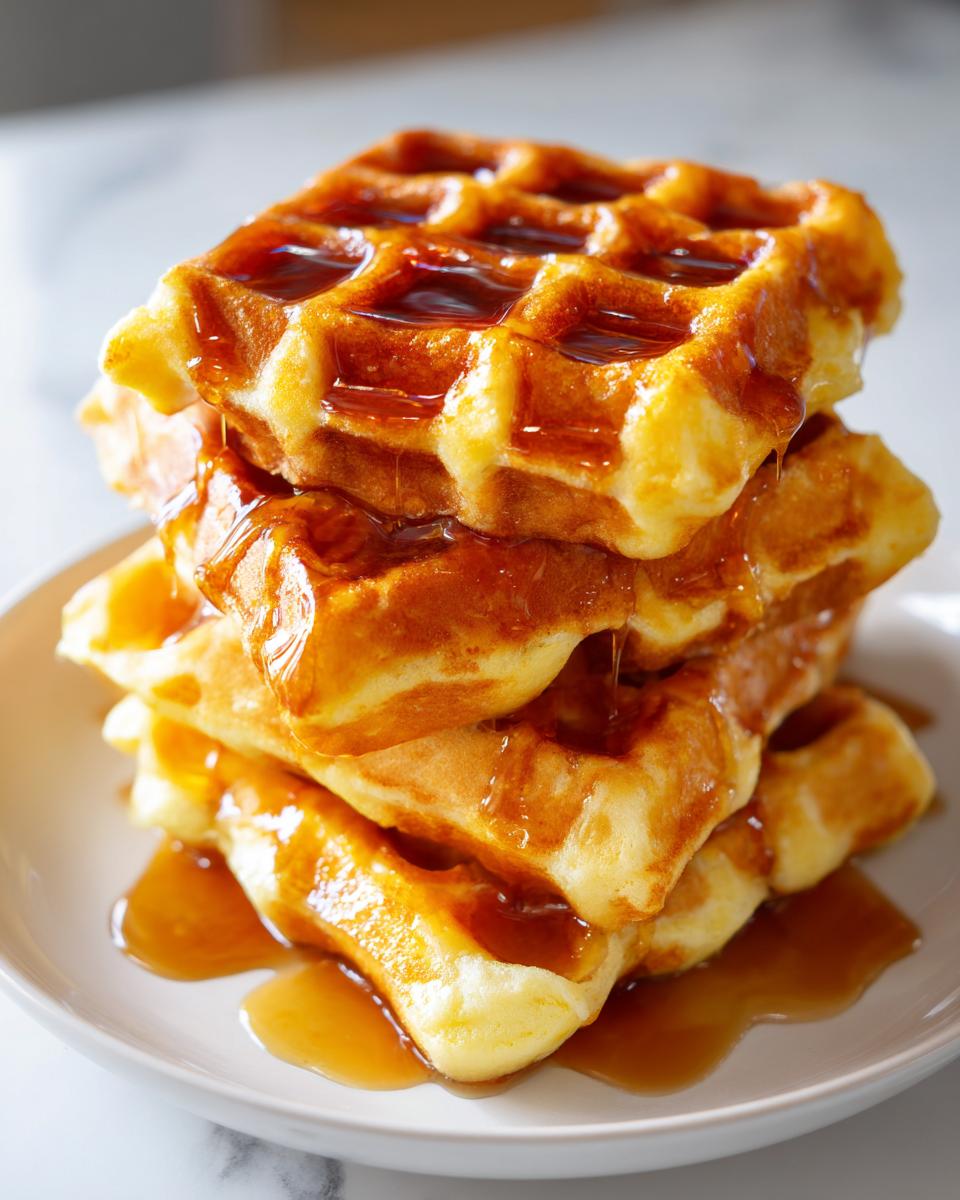 A tall stack of four fluffy pumpkin waffles generously drizzled with amber maple syrup.