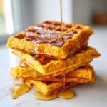 A close-up of a tall stack of golden orange pumpkin waffles being drizzled with maple syrup.
