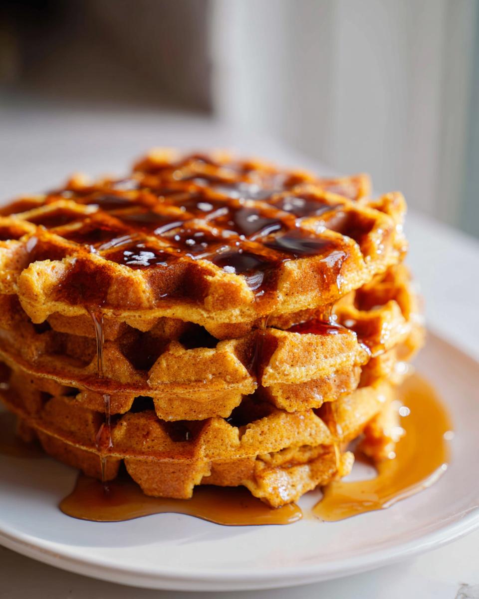 A tall stack of fluffy, golden-brown pumpkin waffles generously drizzled with maple syrup.