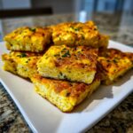 Several square portions of fluffy, baked sheet pan eggs, garnished with fresh green chives, stacked on a white platter.