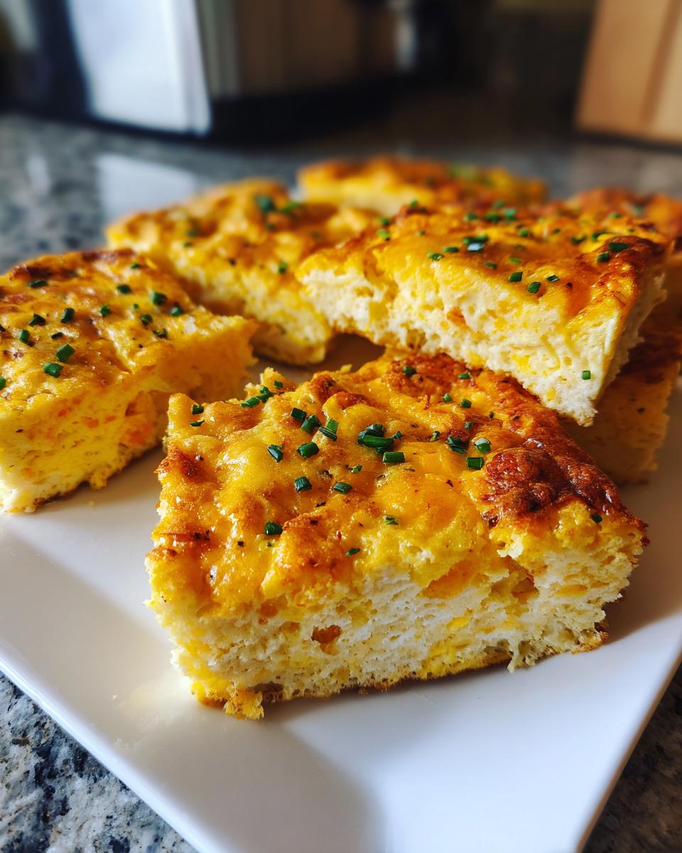 Slices of baked sheet pan eggs, fluffy and golden with melted cheese and chives on top.