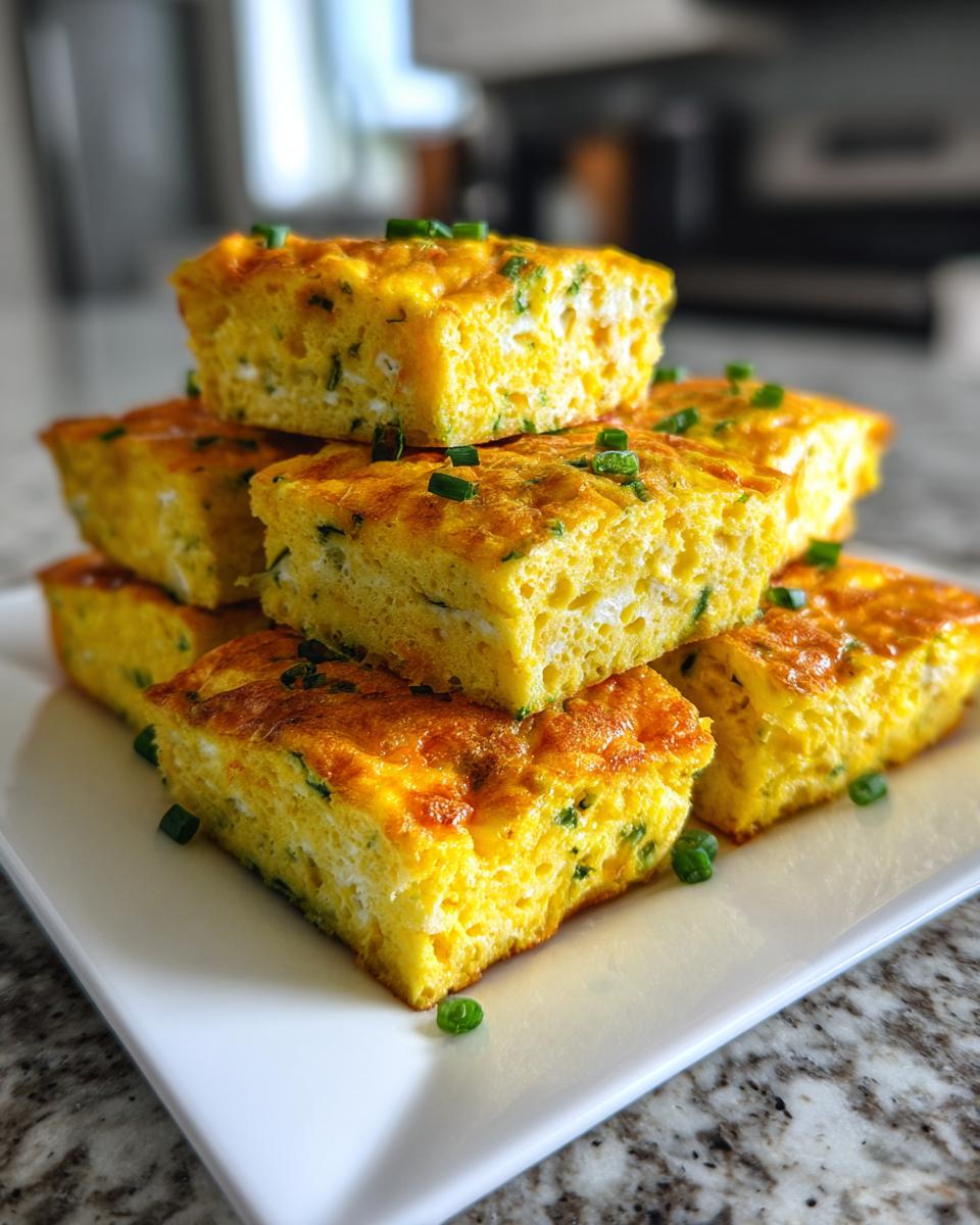 A stack of golden yellow, fluffy sheet pan eggs squares, garnished with fresh green chives, served on a white plate.