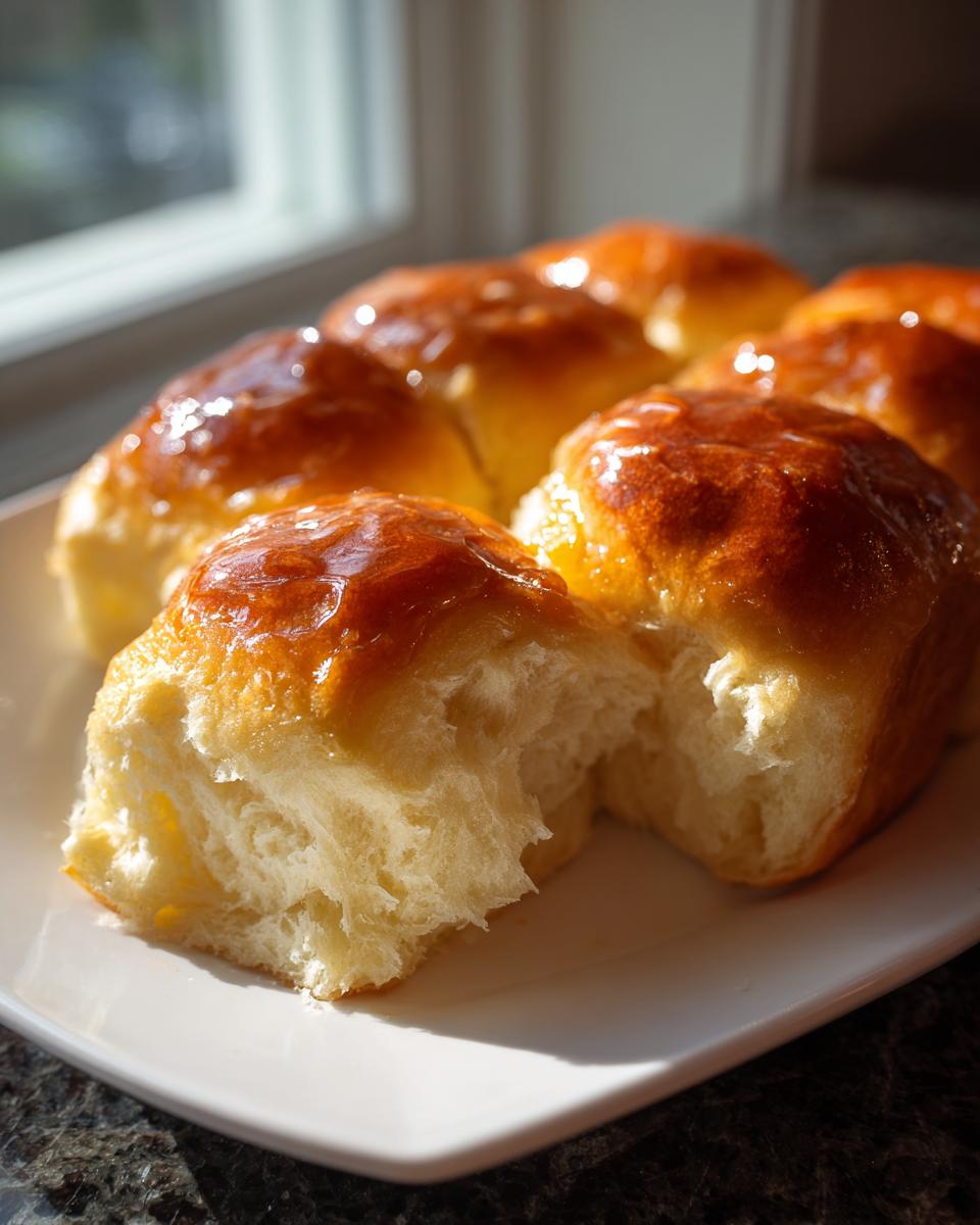 Close-up of fluffy sourdough discard rolls pulled apart, showing soft interior and shiny glaze.