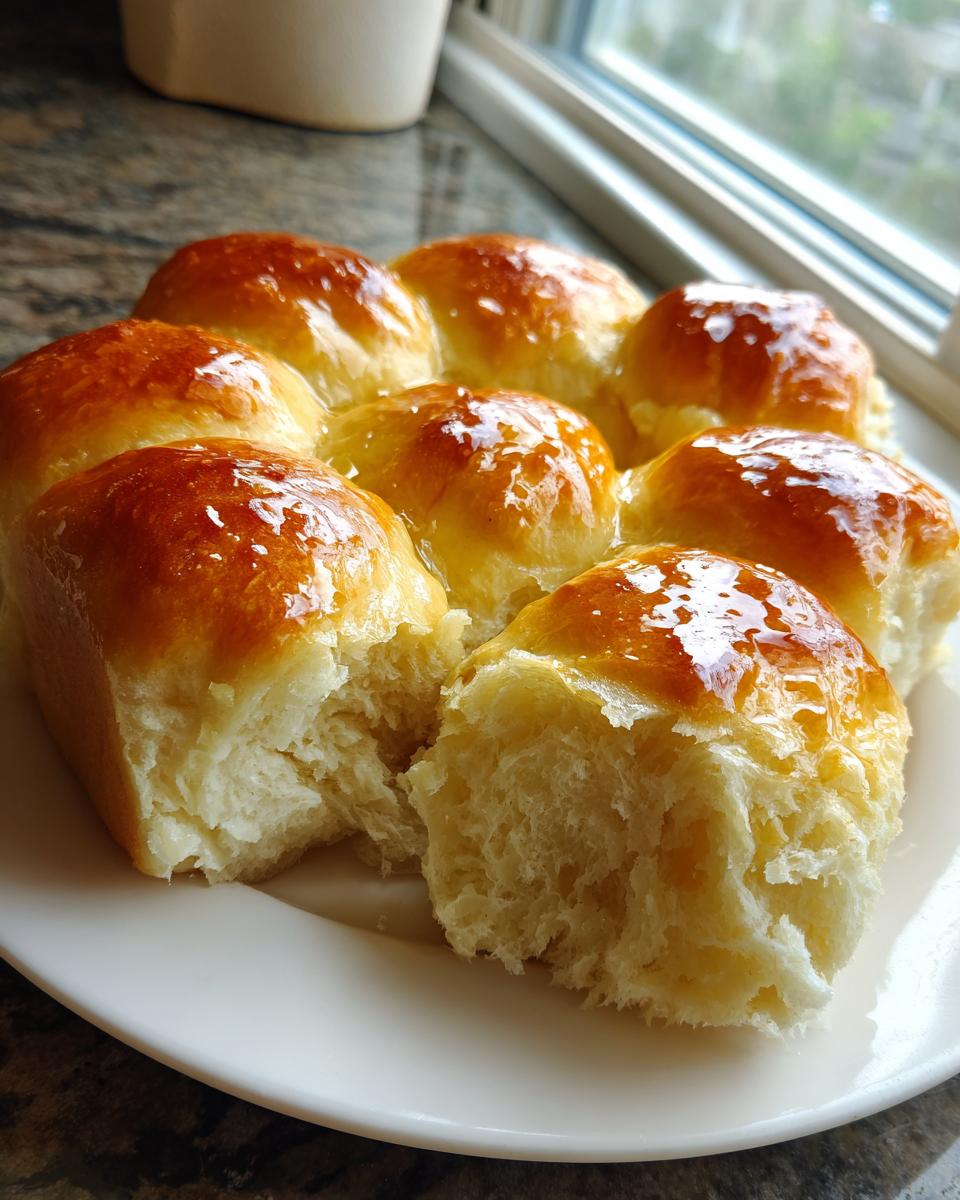 A plate of freshly baked, fluffy sourdough discard rolls with a shiny, golden honey glaze.