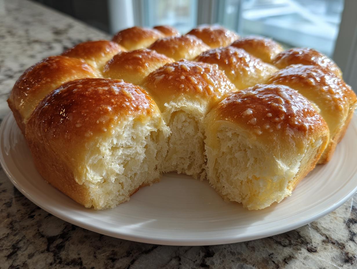 A cluster of golden brown sourdough discard rolls, brushed with butter, with one roll pulled apart showing the soft interior.