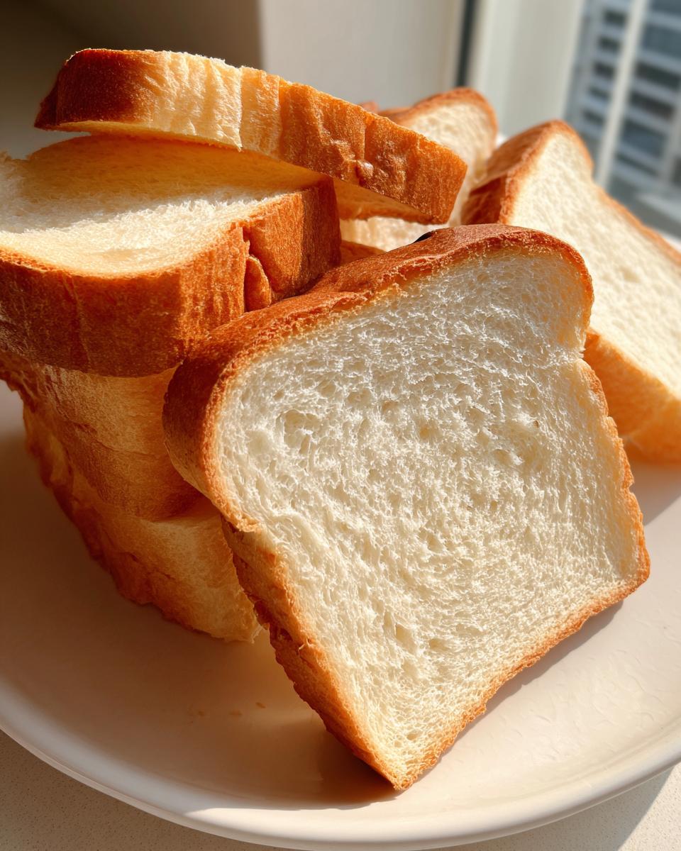 Close-up of several fluffy slices of sourdough sandwich bread stacked on a white plate, showing soft white crumb.