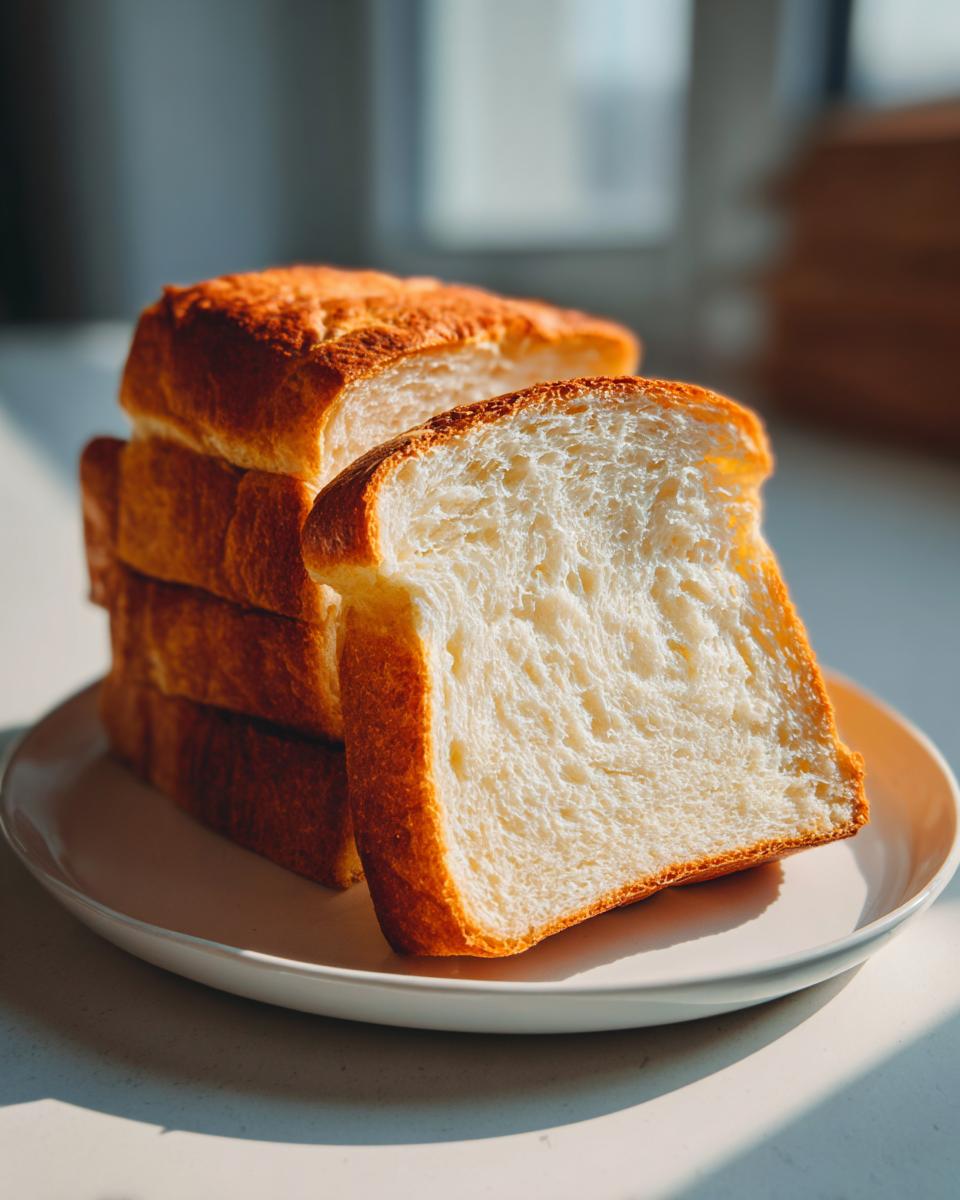 A stack of thick, fluffy slices of sourdough sandwich bread with a golden crust, highlighted by bright sunlight.