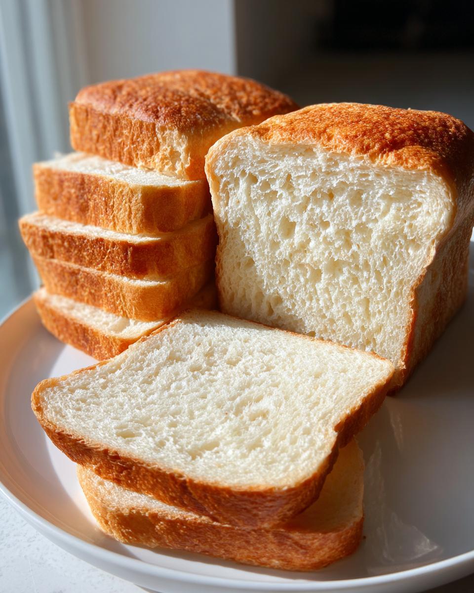 A stack of freshly sliced, fluffy sourdough sandwich bread with golden crusts on a white plate.