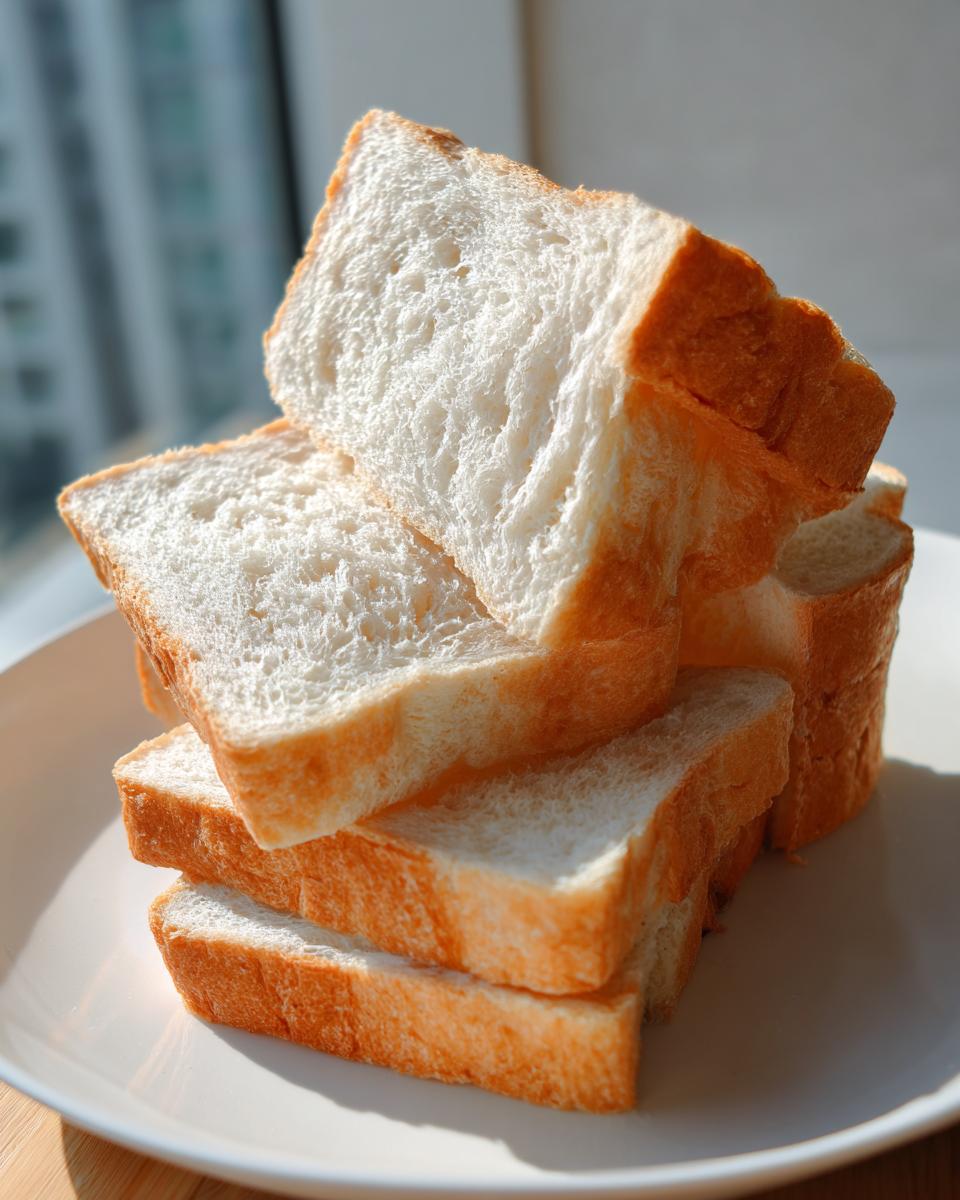 A stack of four fluffy slices of white sourdough sandwich bread with golden crusts, illuminated by sunlight.