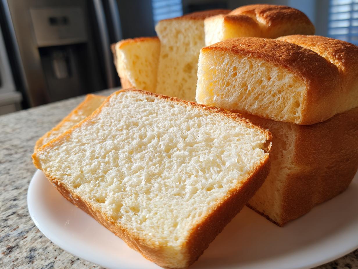 Close-up of fluffy sourdough sandwich bread slices stacked on a white plate, showing the soft interior crumb.