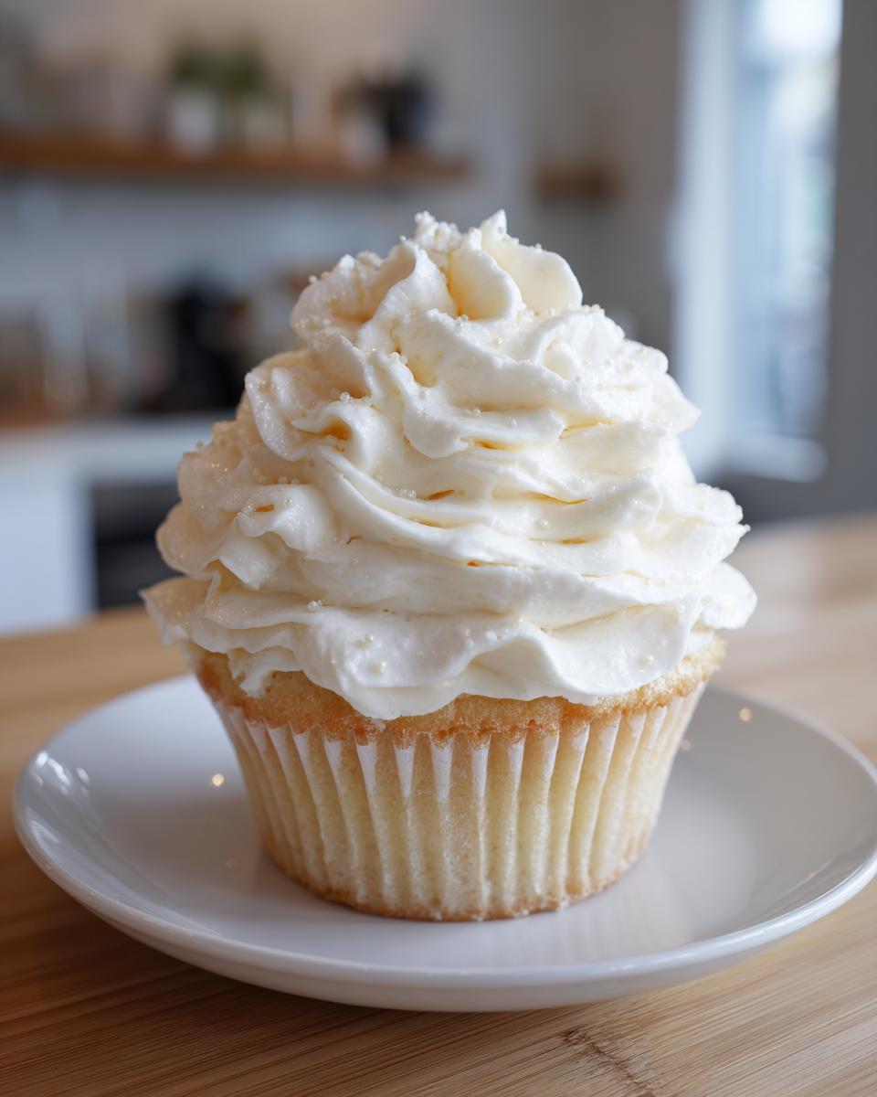 A perfectly piped swirl of fluffy vanilla buttercream frosting atop a cupcake, sitting on a white plate.