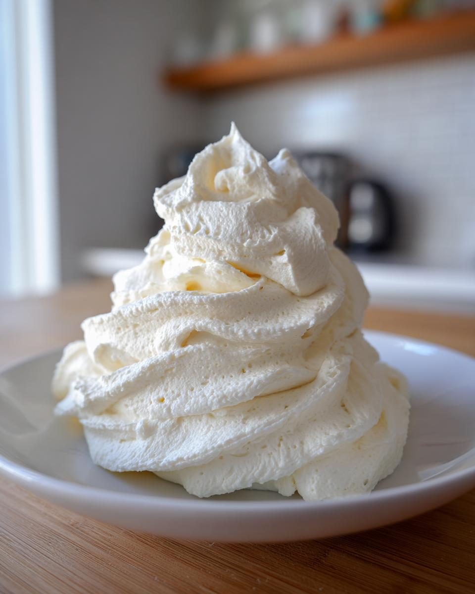 A tall swirl of fluffy vanilla buttercream frosting piped onto a small white plate.