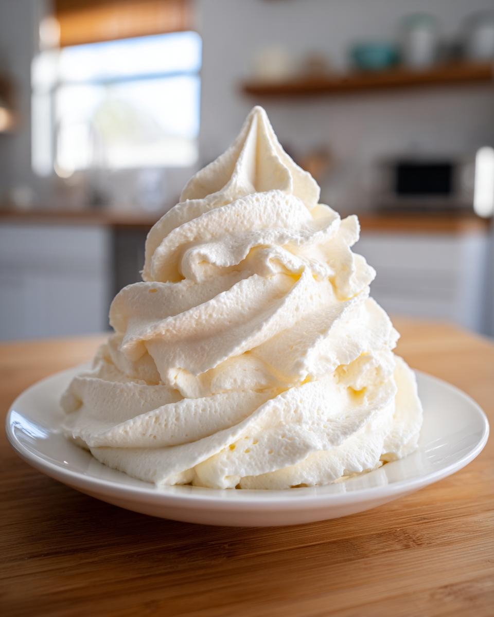 A tall swirl of fluffy vanilla buttercream frosting piped onto a small white plate.