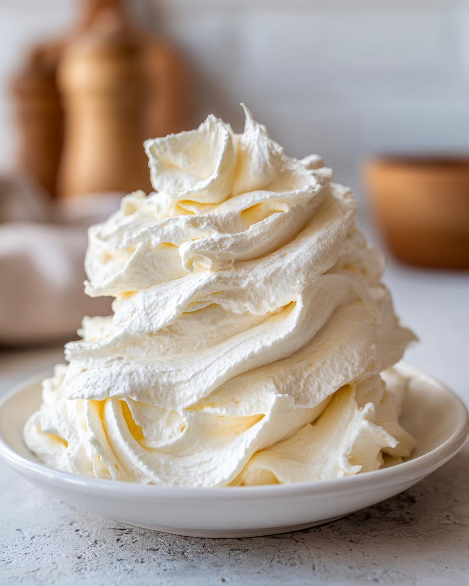 A tall swirl of fluffy vanilla buttercream frosting piped high in a small white bowl.