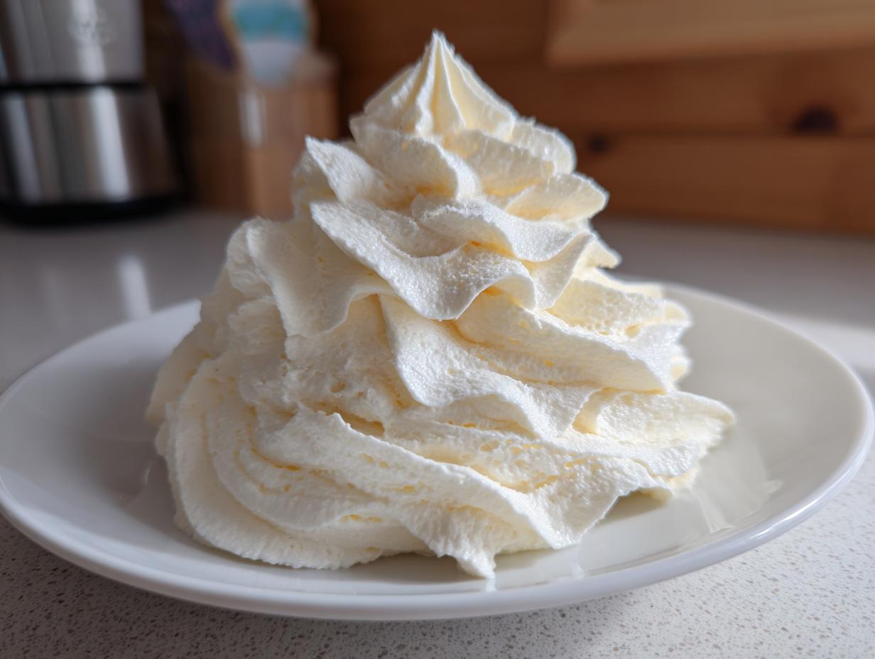 A tall, perfectly piped swirl of fluffy vanilla buttercream frosting sitting on a small white plate.