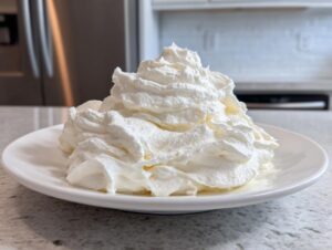A large, fluffy swirl of white vanilla buttercream frosting served on a small white plate.