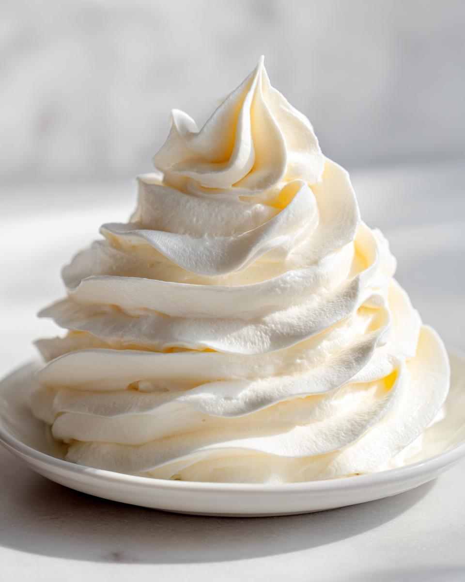 A perfect, tall swirl of fluffy vanilla buttercream frosting piped onto a small white dish.