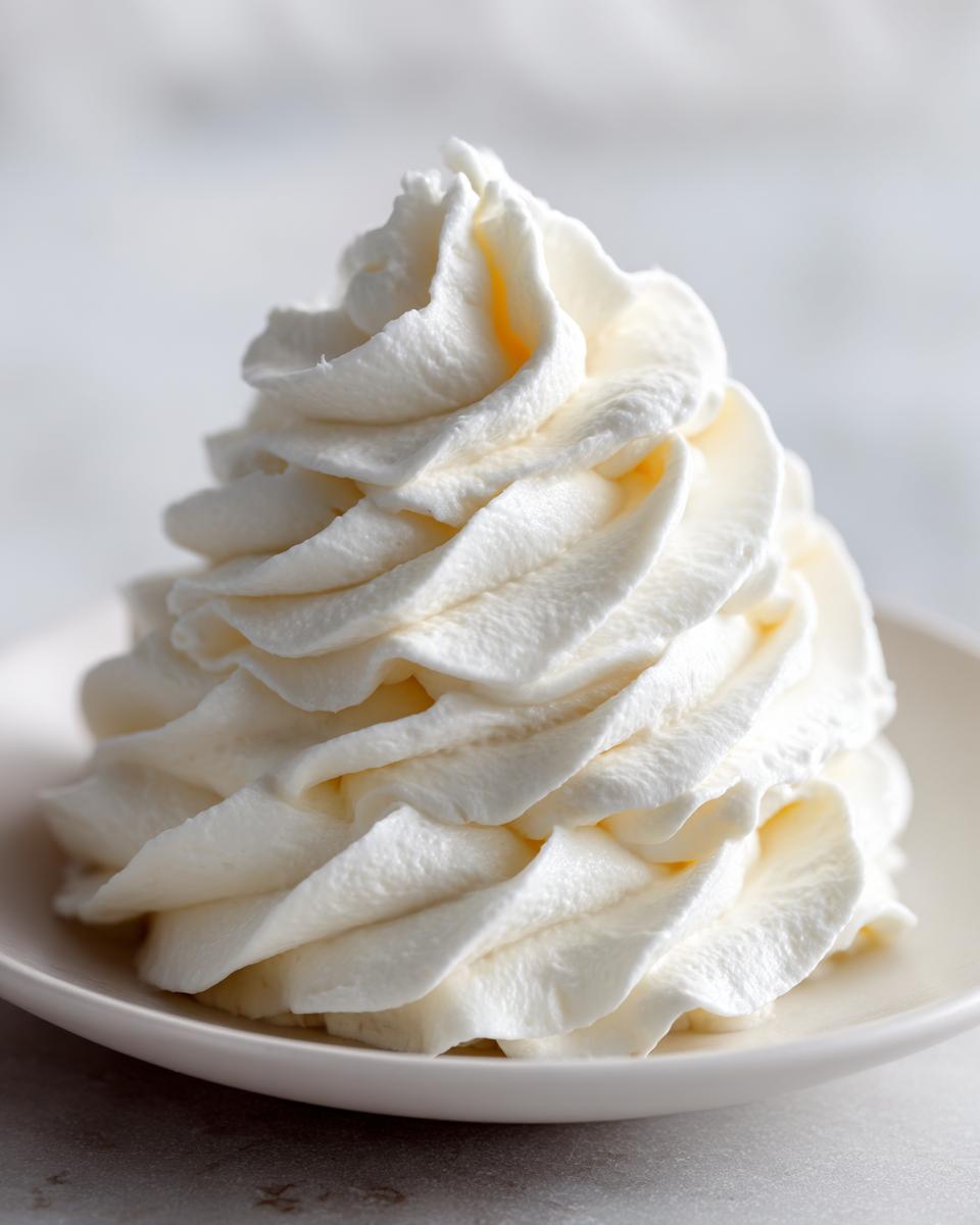 A perfect, tall swirl of fluffy white vanilla buttercream frosting piped onto a small white dish.