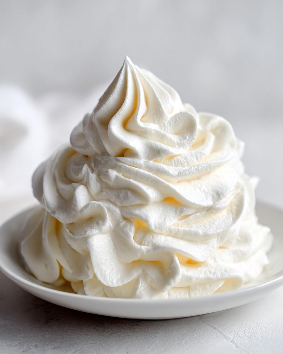 A tall, perfectly piped swirl of fluffy white vanilla buttercream frosting on a small white plate.